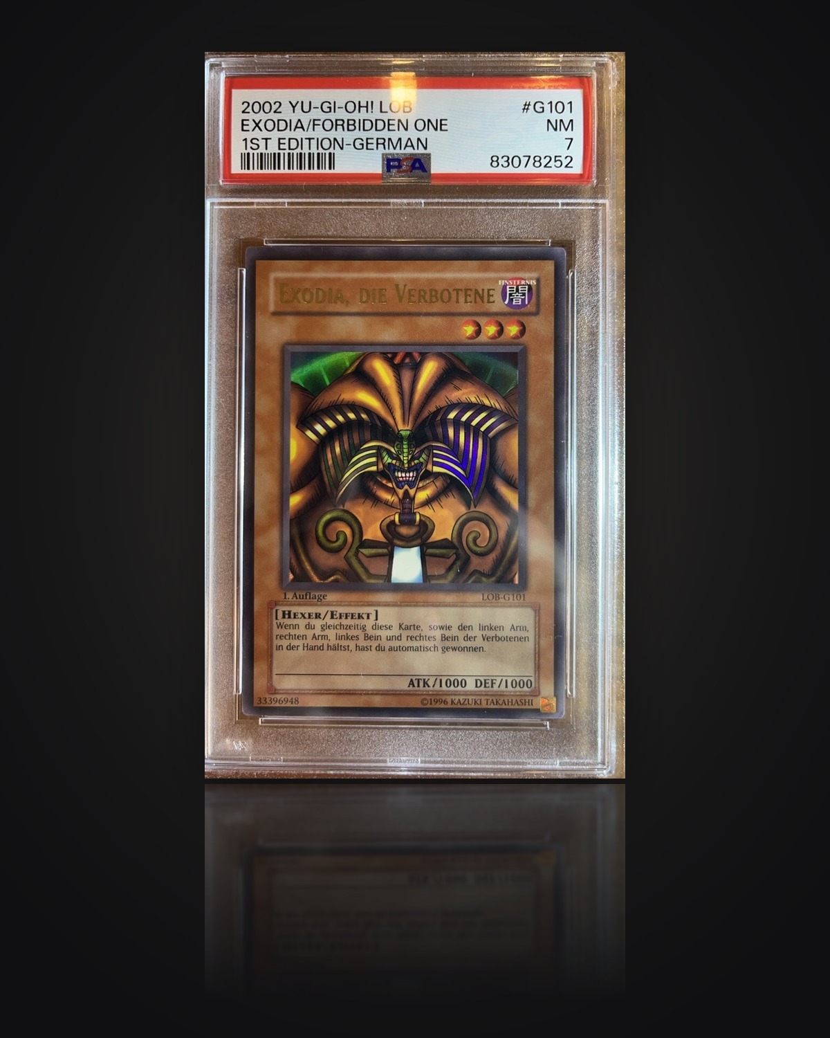 Exodia the Forbidden One, Legend of Blue Eyes White Dragon — German 1st Edition, 2002 — graded PSA 7 — Near Mint