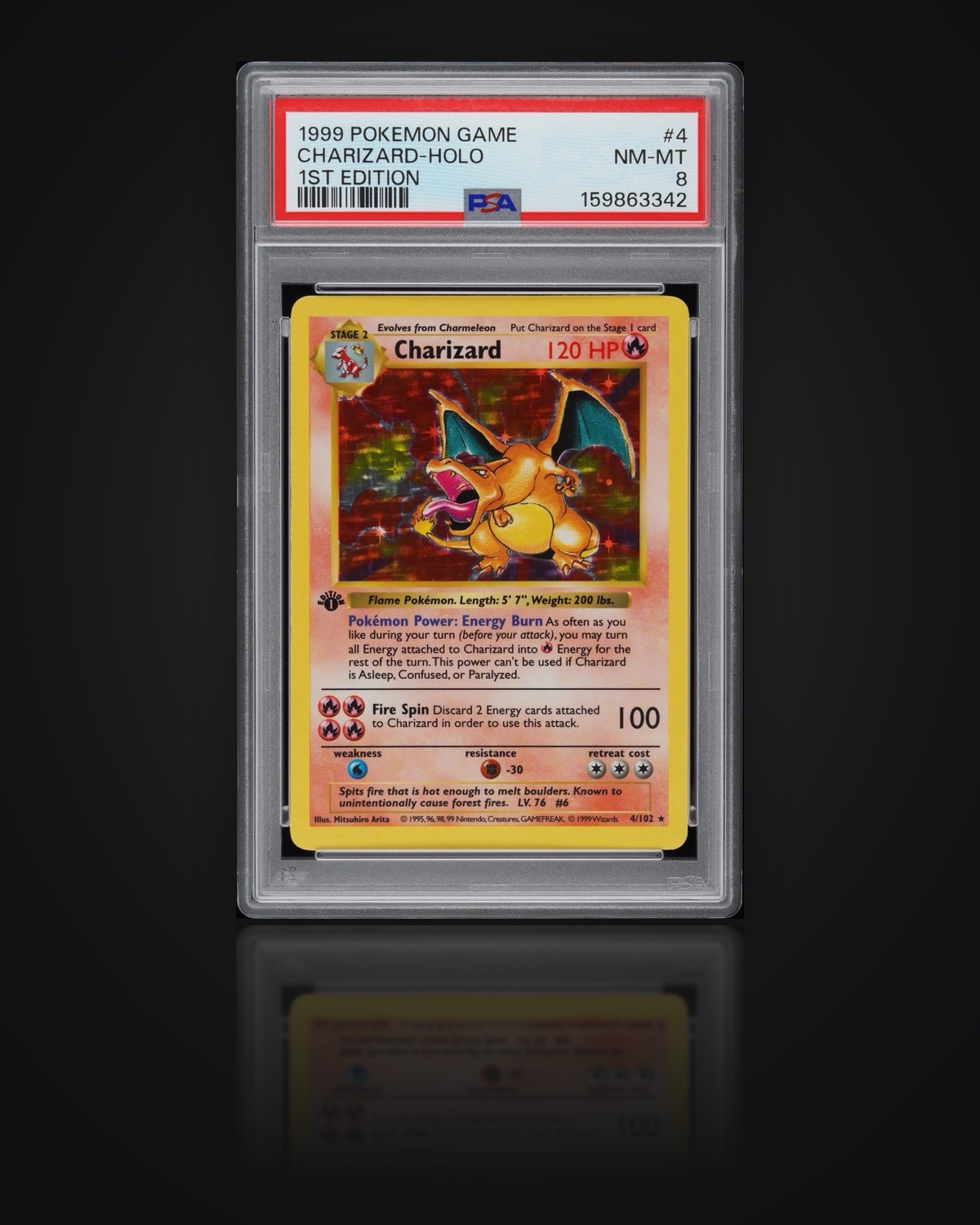 Charizard-Holo, Base Set — 1st Edition (English), 1999 — graded PSA 8 — Near Mint/Mint