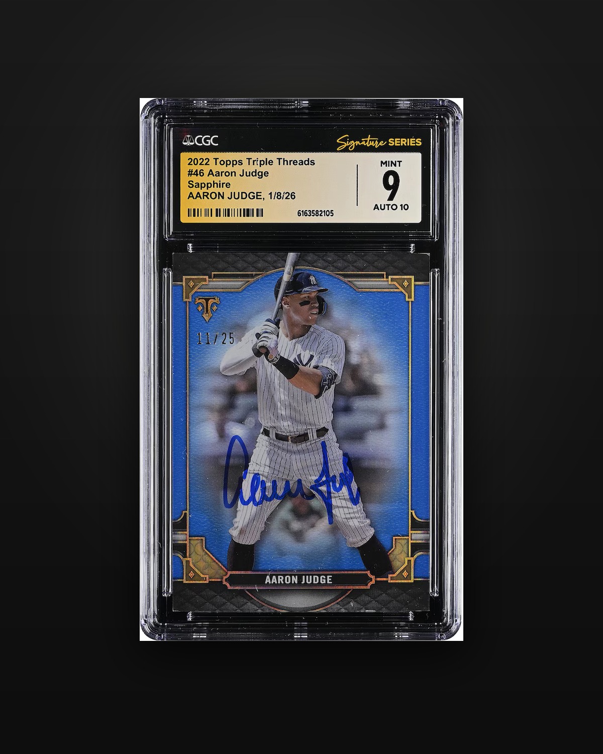 Aaron Judge — Sapphire Autograph, Topps Triple Threads — Sapphire (11/25), 2022 — graded CGC 9 Mint — Auto 10
