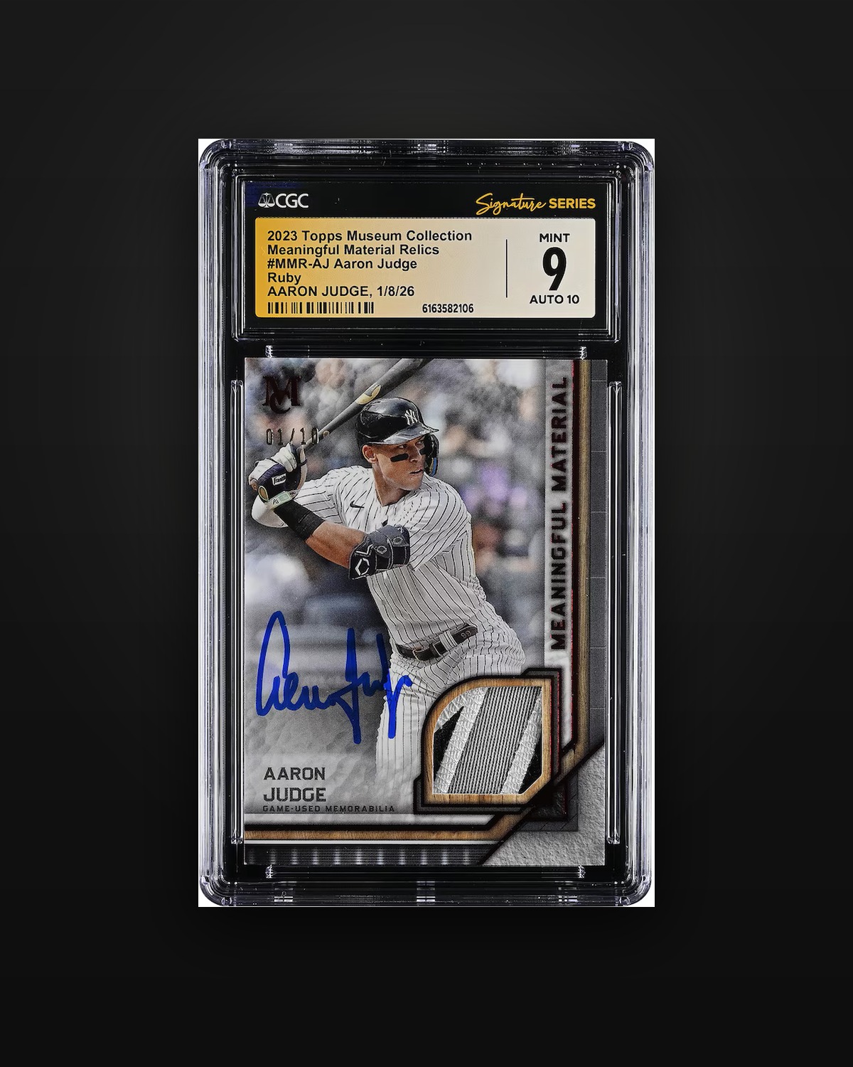 Aaron Judge — Meaningful Material Ruby, Topps Museum Collection — Meaningful Material Relics, Ruby (01/10), 2023 — graded CGC 9 Mint — Auto 10