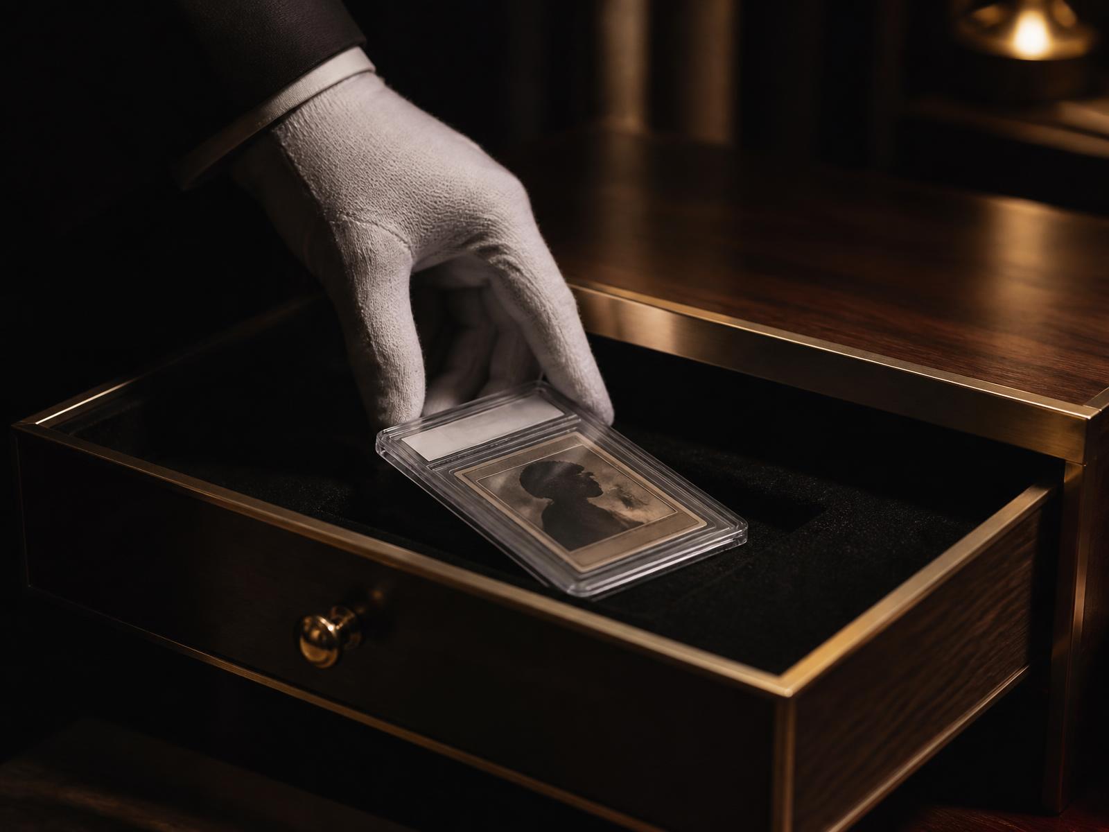 A white-gloved hand placing a graded card slab into a felt-lined brass and walnut drawer