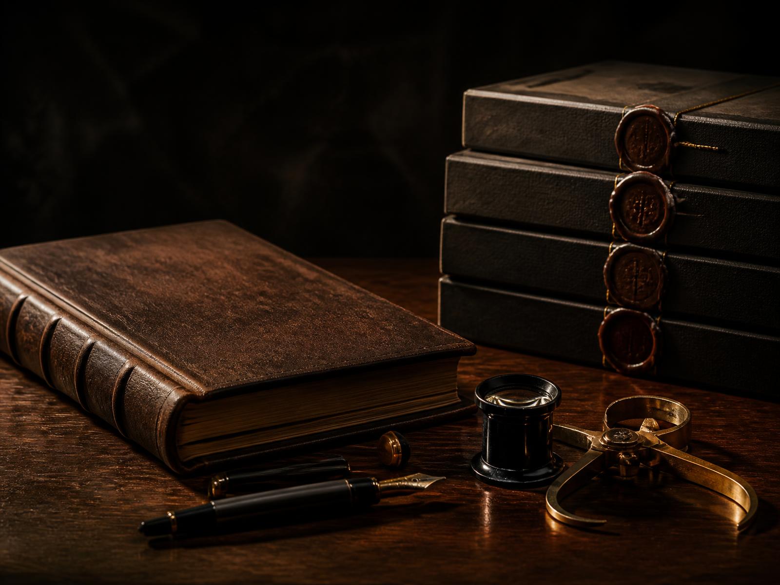 Leather ledger, fountain pen, loupe and brass calipers arranged on a walnut desk