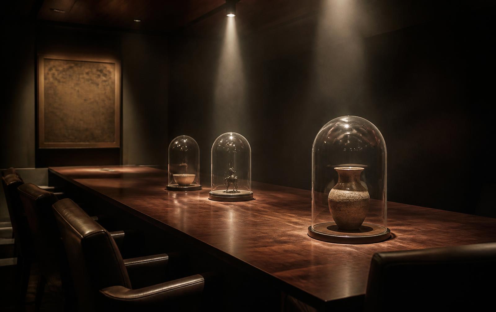 An intimate private viewing room with glass display domes lit under narrow spotlights