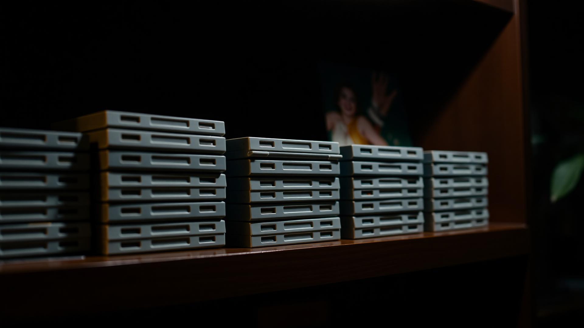 Stacked grey retro game cartridges on dark walnut shelving under warm light