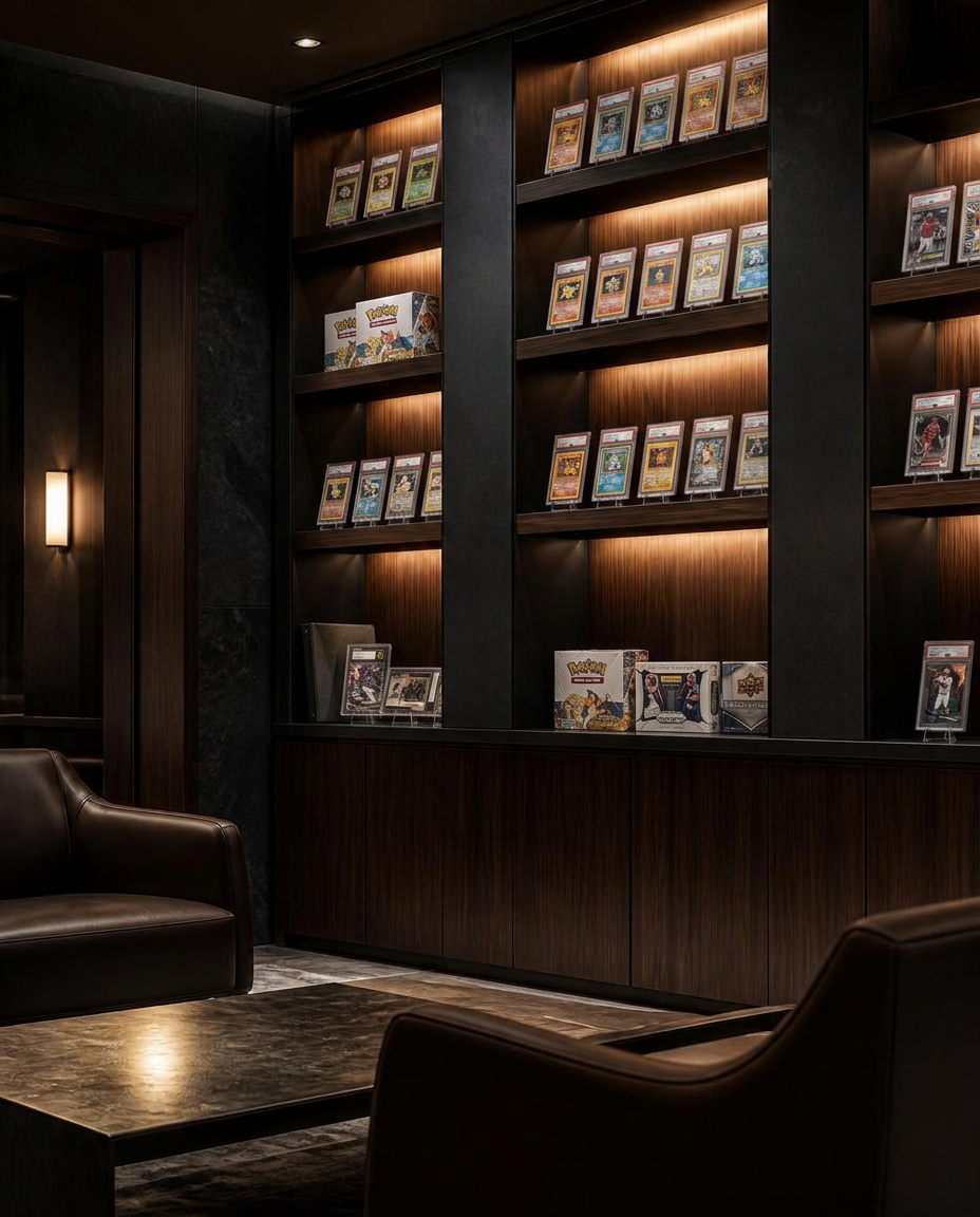 Private collectors' lounge with warm lit display shelving