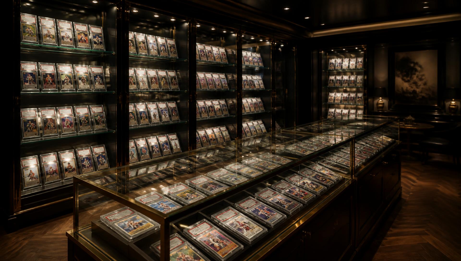 Brass and glass display cabinets in a dimly lit private collectors' archive