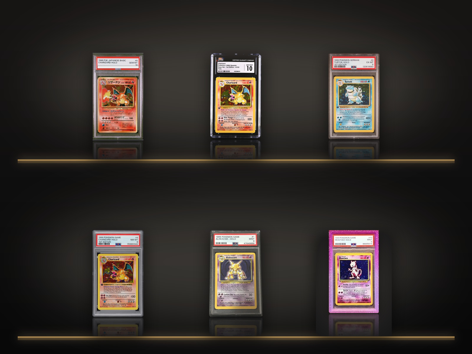 Graded Pokémon cards from our holdings displayed on lit glass shelves in a dark cabinet