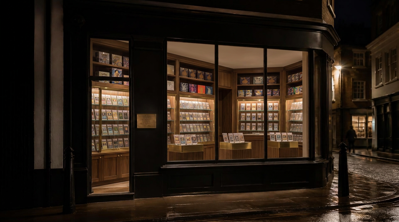 Warmly lit card shop front on a North London street at night, graded card cabinets visible through the window